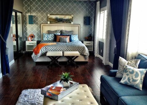 Transitional Bedroom with mirrored sliding closet doors
