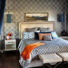 Transitional Bedroom with grey and white wallpaper