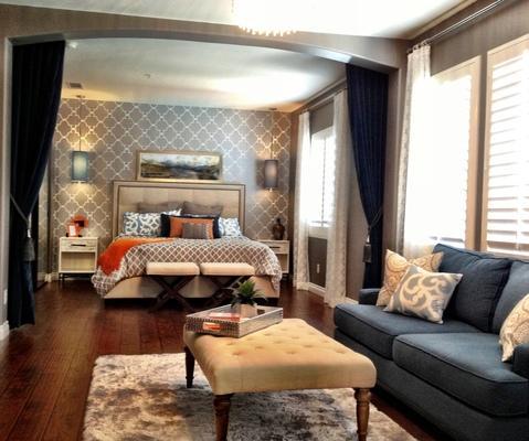 Transitional Bedroom with velvet curtain room divider
