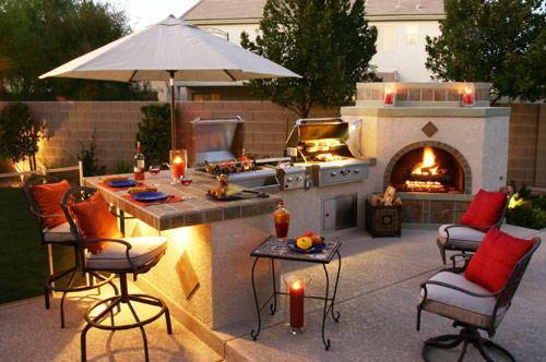 Traditional Outdoor Kitchen In Clovis Red Accent Pillows Spanish Traditional Outdoor Kitchen With Stainless Steel Appliances