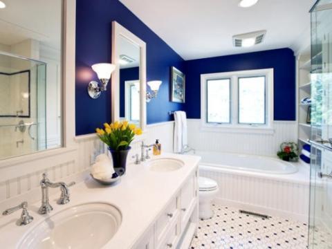 Traditional Bathroom with white wood framed vanity mirrors