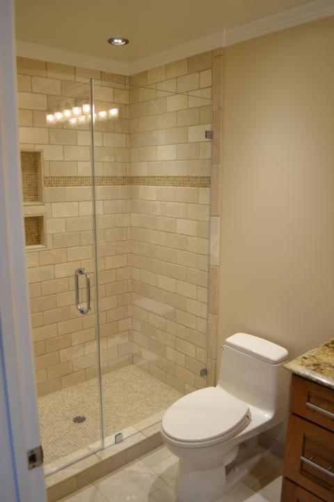 Transitional Bathroom with built in shower shelves