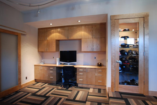 Transitional Home Office In Seattle Light Wood Low Voltage Track Transitional Home Office With Light Wood Built In Cabinets