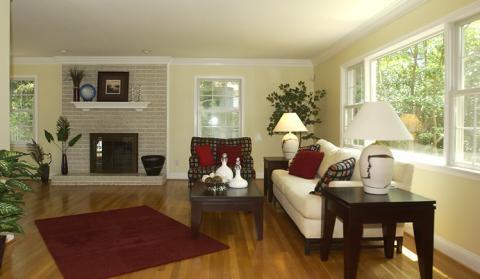 Traditional Family Room with white base table lamp white large white shades