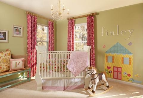 Transitional Kids Room with white and red geometric pattern