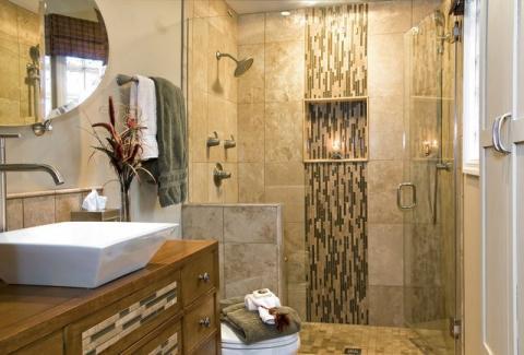 Contemporary Bathroom with matching tile in shower and vanity