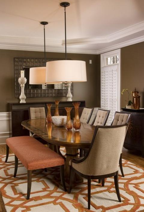 Transitional Dining Room with dark wood half circle liquor cabinet