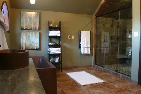 Transitional Bathroom with large copper stand alone vessel tub
