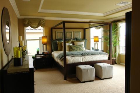 Contemporary Bedroom with blue and green floral pattern