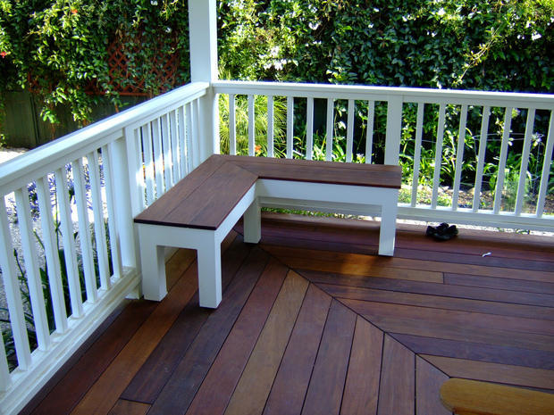 Contemporary Deck In Camarillo Wood Corner Bench Stained Contemporary Deck With White Painted Guard Rail