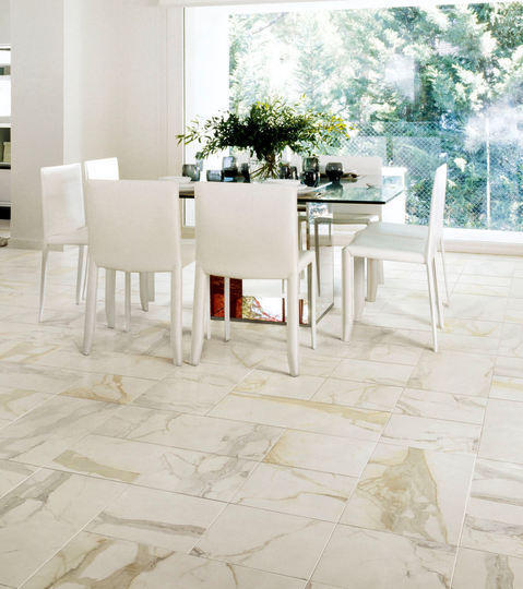 Transitional Dining Room with white leather dining chairs