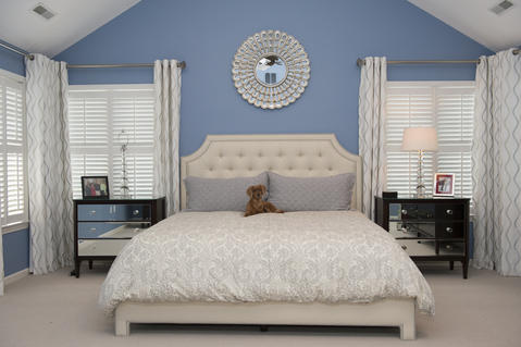 Contemporary Bedroom with beveled mirror nightstand drawer faces
