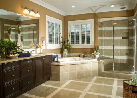 Traditional Bathroom with tan and white tile shower wall covering