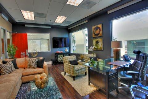 Contemporary Home Office with fluorescent office lights