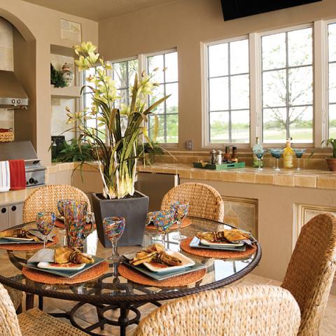 Traditional Dining Room with indoor outdoor dining area