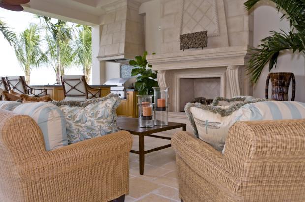 Transitional Patio with light tan wicker patio furniture
