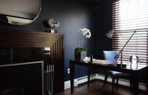 Contemporary Home Office with large silver framed wall mounted mirror