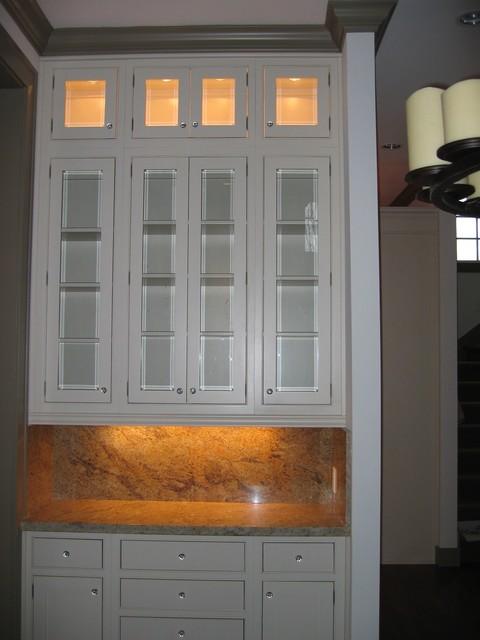 Transitional Library with white flat front cabinetry