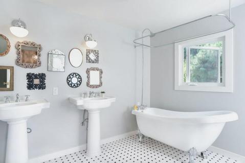 Eclectic Bathroom with white and black tiled floor