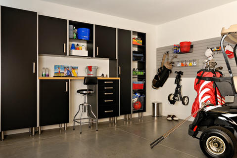Contemporary Garage with black slab front cabinets