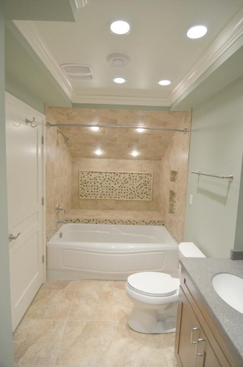 Traditional Bathroom with light pale green painted walls