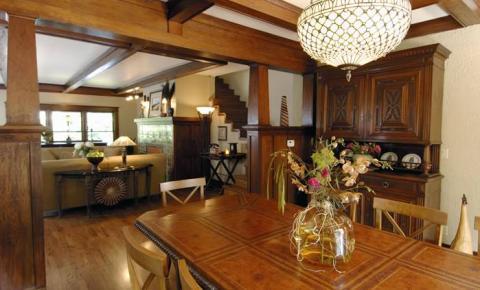 Traditional Dining Room with ceiling mounted light fixture