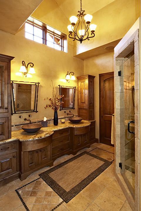 Traditional Bathroom with black metal framed vanity mirrors