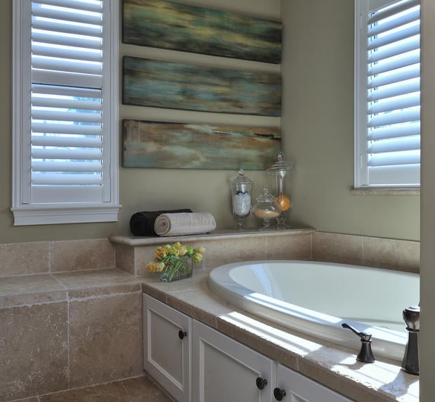 Modern Bathroom in Dallas master bath, plantation shutters by