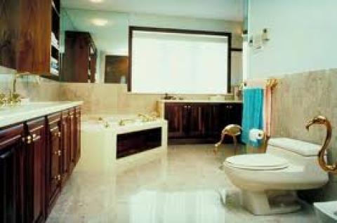 Traditional Bathroom with brass flamingo sculptures