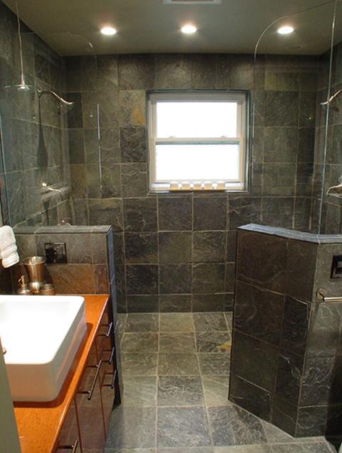 Transitional Bathroom with medium wood stained cabinet