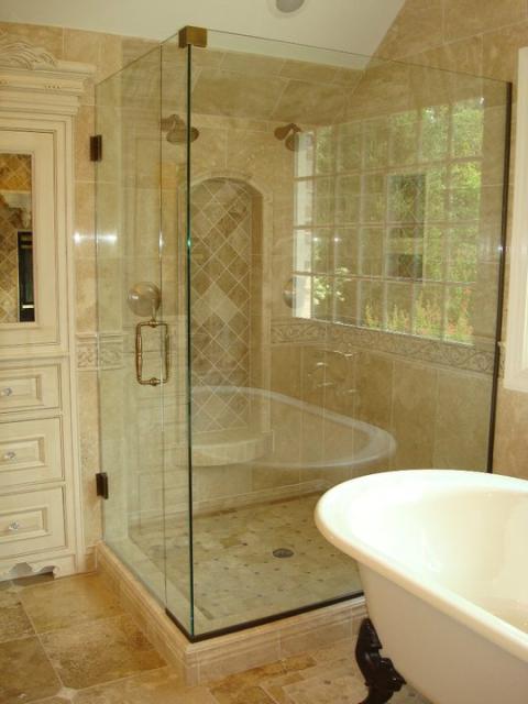 Traditional Bathroom with clear frame less shower door