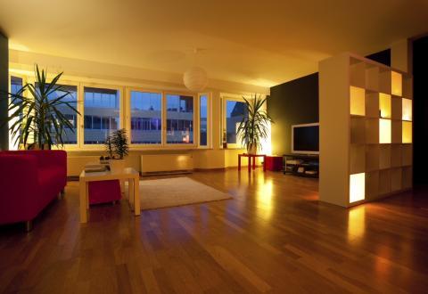 Contemporary Family Room with white book shelves