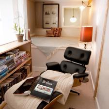 Transitional Library with black floor lamp with red shade