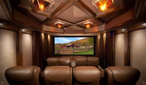 Traditional Home Theater with large wall mounted projector screen