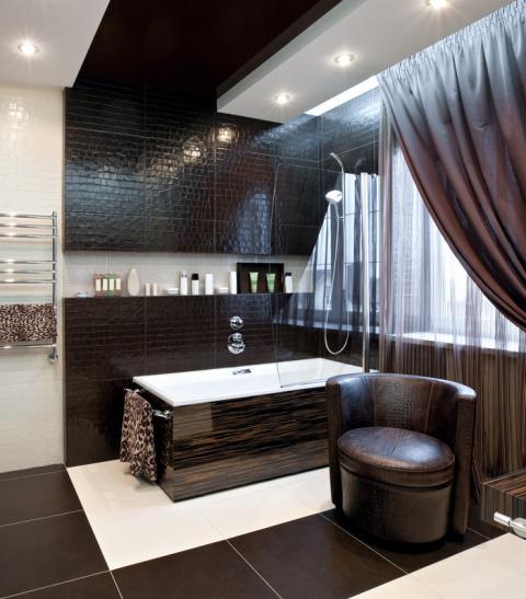 Contemporary Bathroom with glossy-wood finish around the tub