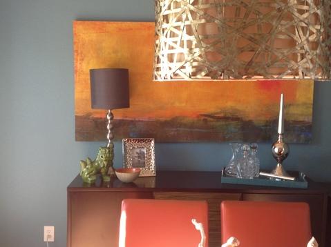 Modern Dining Room with dark wood console table