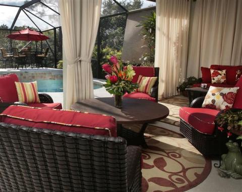 Contemporary Patio with cream curtains on patio
