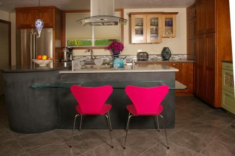 Eclectic Kitchen with glass and stainless steel range hood