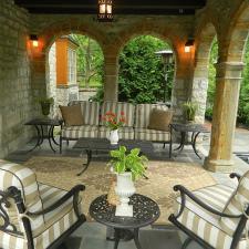 Traditional Patio with tan and white stripes