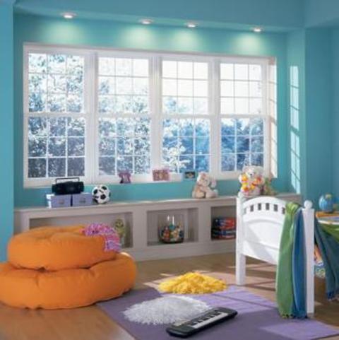 Transitional Kids Room with white framed twin bed