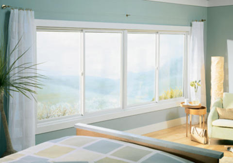 Contemporary Bedroom with bypass sliding glass windows