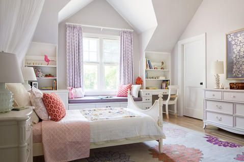 Transitional Kids Room with off white bed frame