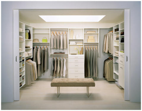 Contemporary Closet with white built in shelving