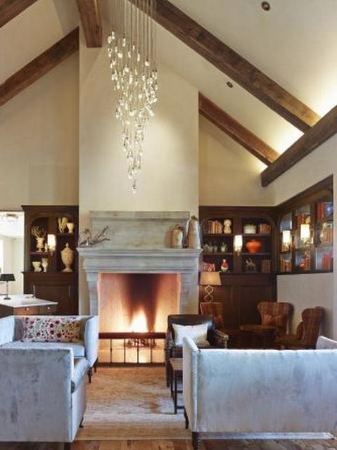 Transitional Sunroom with hanging glass chandelier