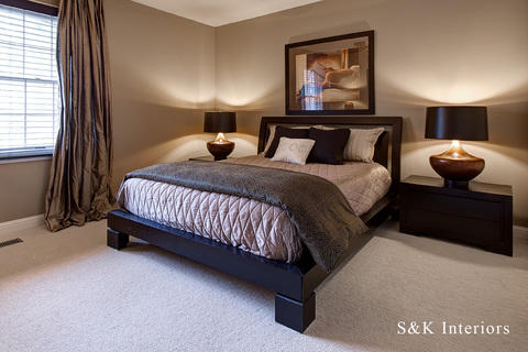 Traditional Bedroom with ceiling to floor drapes