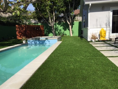 Modern Pool with green concrete brick privacy wall