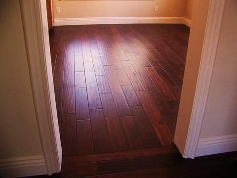 Vintage Dining Room with faux hand scraped wood floor