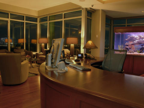 Contemporary Home Office with floor to ceiling windows
