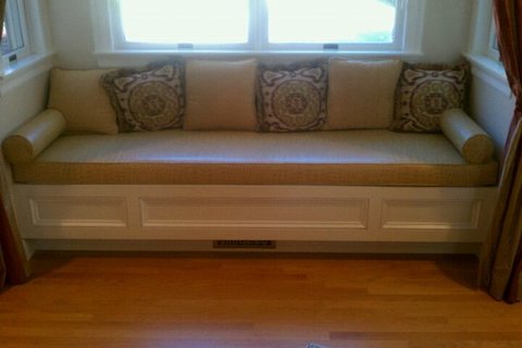 Transitional Sunroom with tan upholstered bench pad