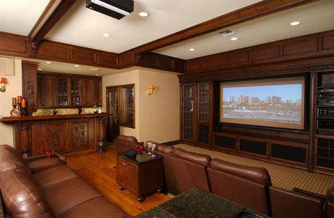 Traditional Home Theater with dark stained wooden beams